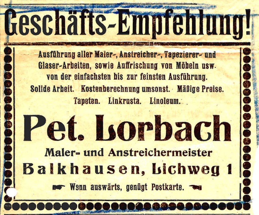 Historische Außendarstellung des Malerbetriebs Lorbach